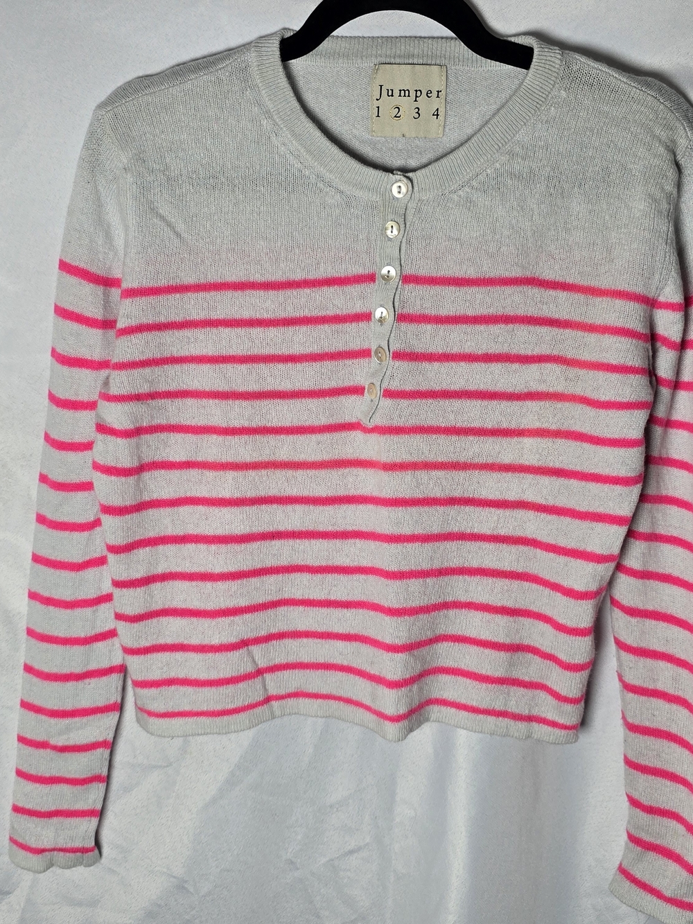 Jumper 1234 100% Cashmere Pink Stripe Crew Neck Button Front Sweater, Sz S